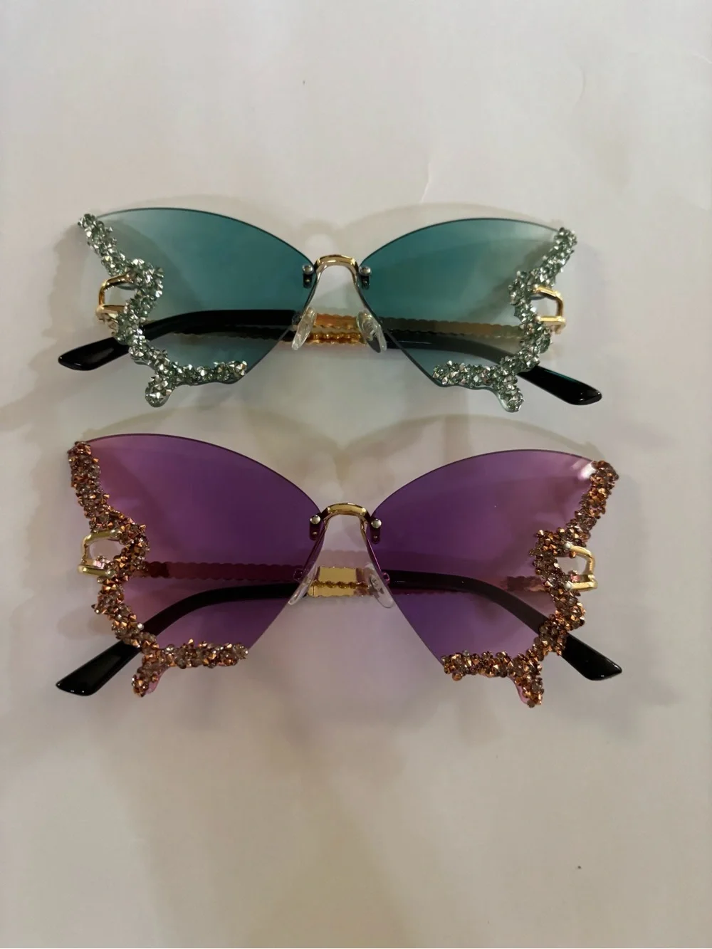 Rhinestone Butterfly Sunglasses in Purple and Teal — Glam Statement Shades